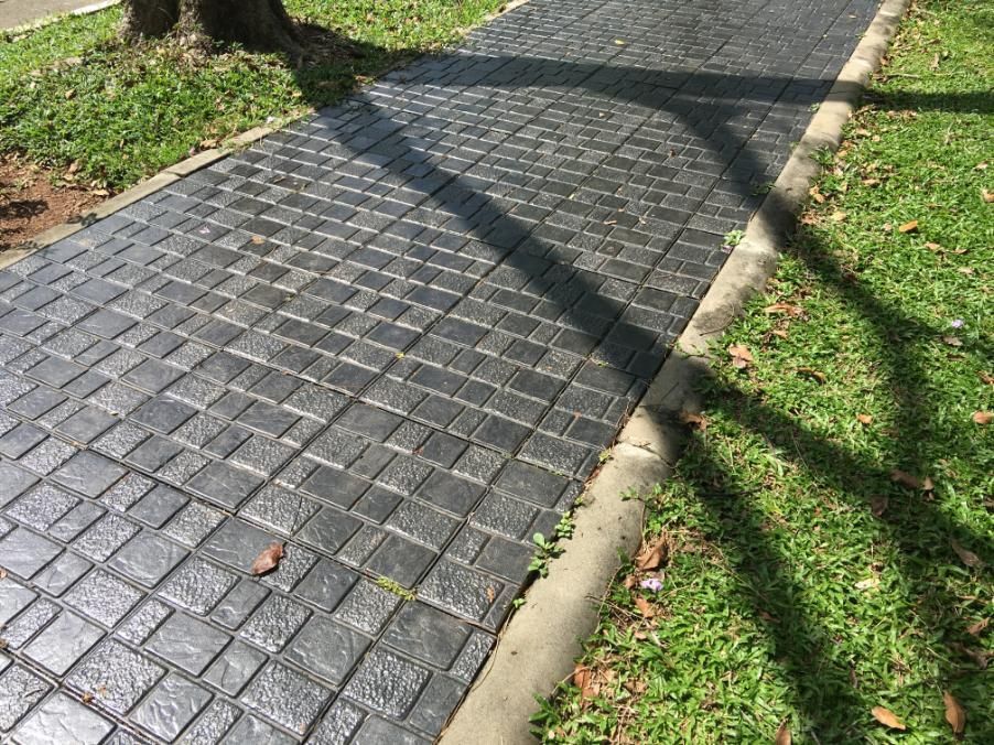 A brick walkway leading to a grassy area with a tree in the background.