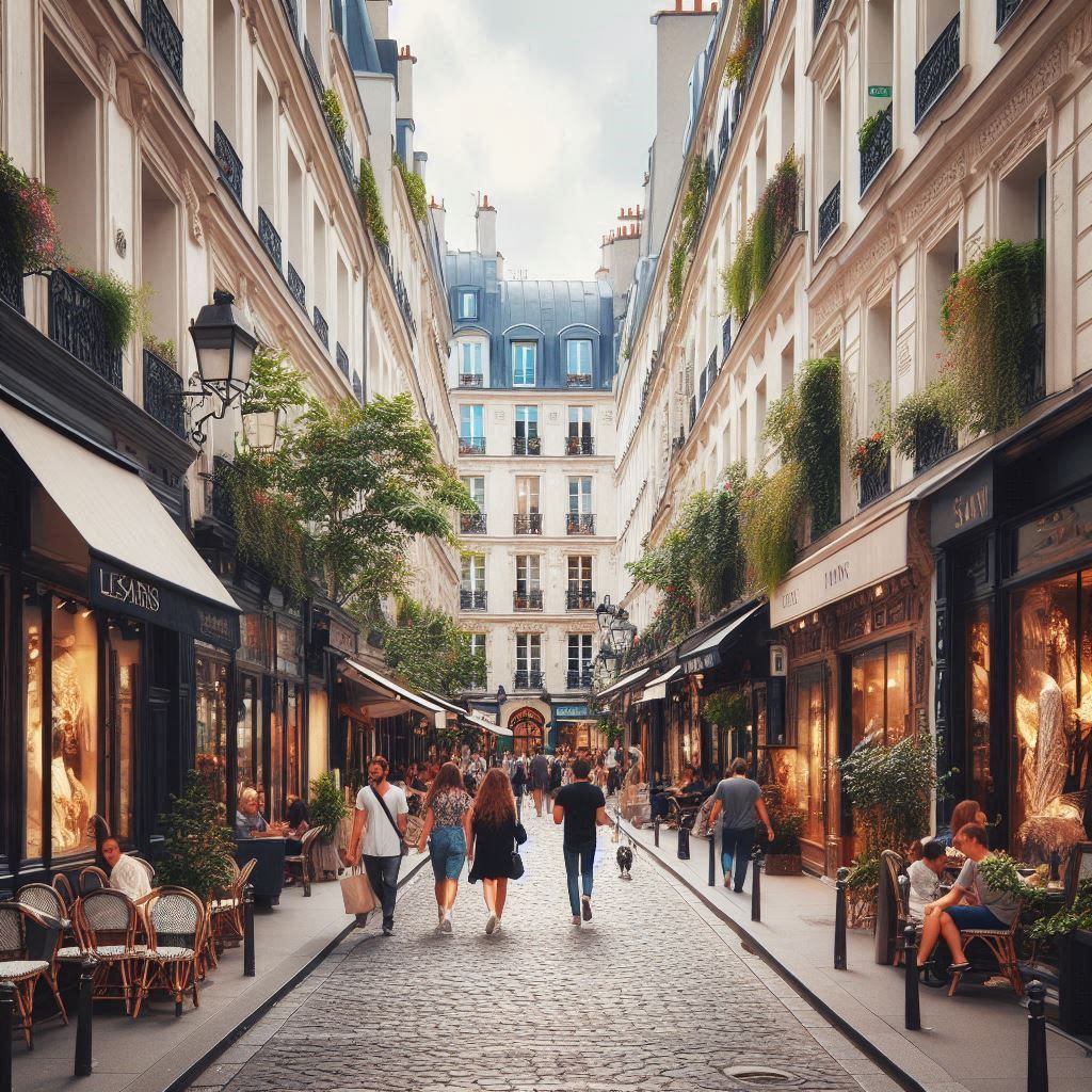 Un groupe de personnes marche dans une rue pavée.