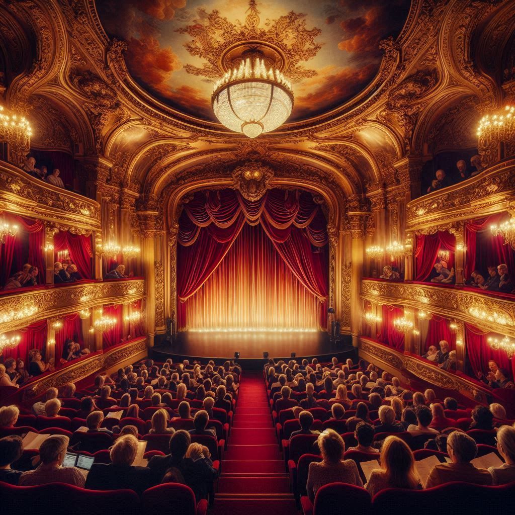 Un grand groupe de personnes sont assises dans un théâtre et regardent une représentation.