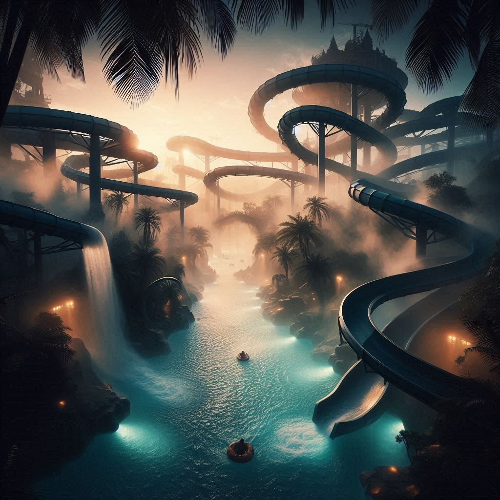 Un parc aquatique avec de nombreux toboggans et une cascade