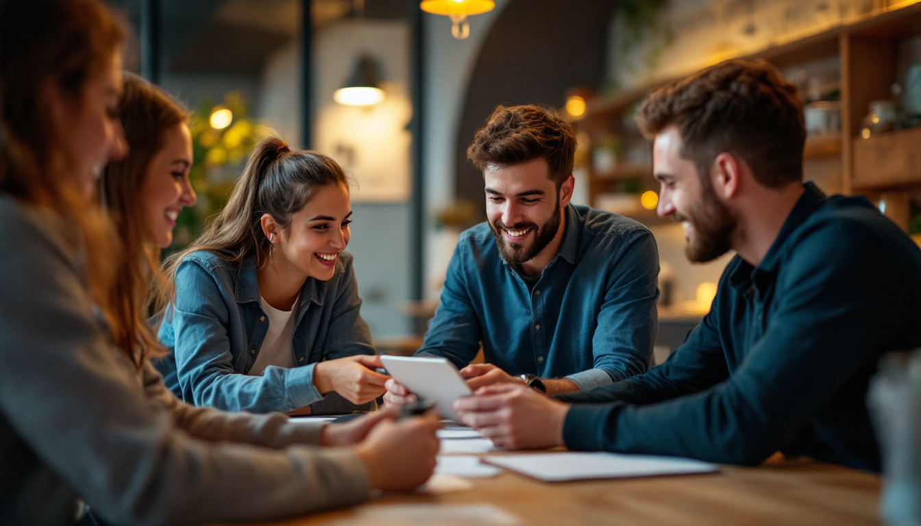 A group of people are sitting around a table looking at a tablet.