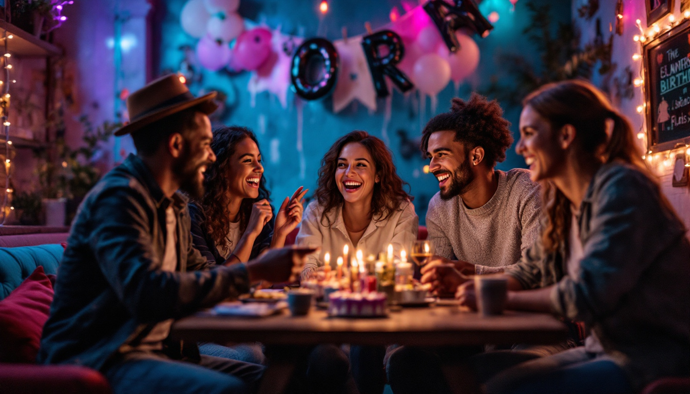 A group of people are sitting around a table with candles on it at a birthday party.