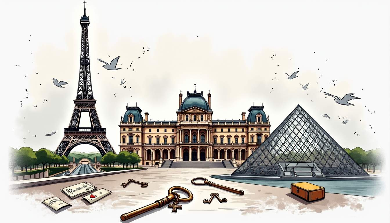 A painting of the eiffel tower and the louvre museum in paris.