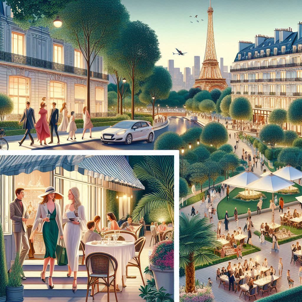 Une illustration isométrique d'une ville avec des bâtiments et un arc de triomphe.