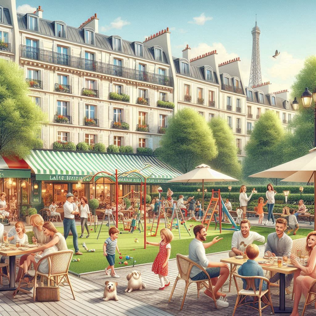 Une illustration isométrique d'une ville avec des bâtiments et un arc de triomphe.