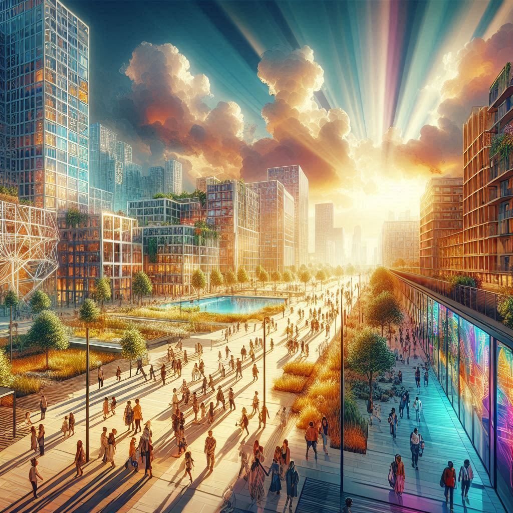 Une illustration isométrique d'une ville avec des bâtiments et un arc de triomphe.