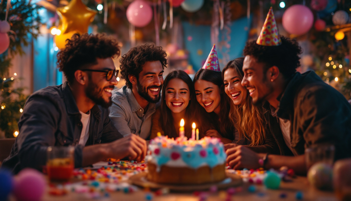 A group of people are sitting around a birthday cake at a party.