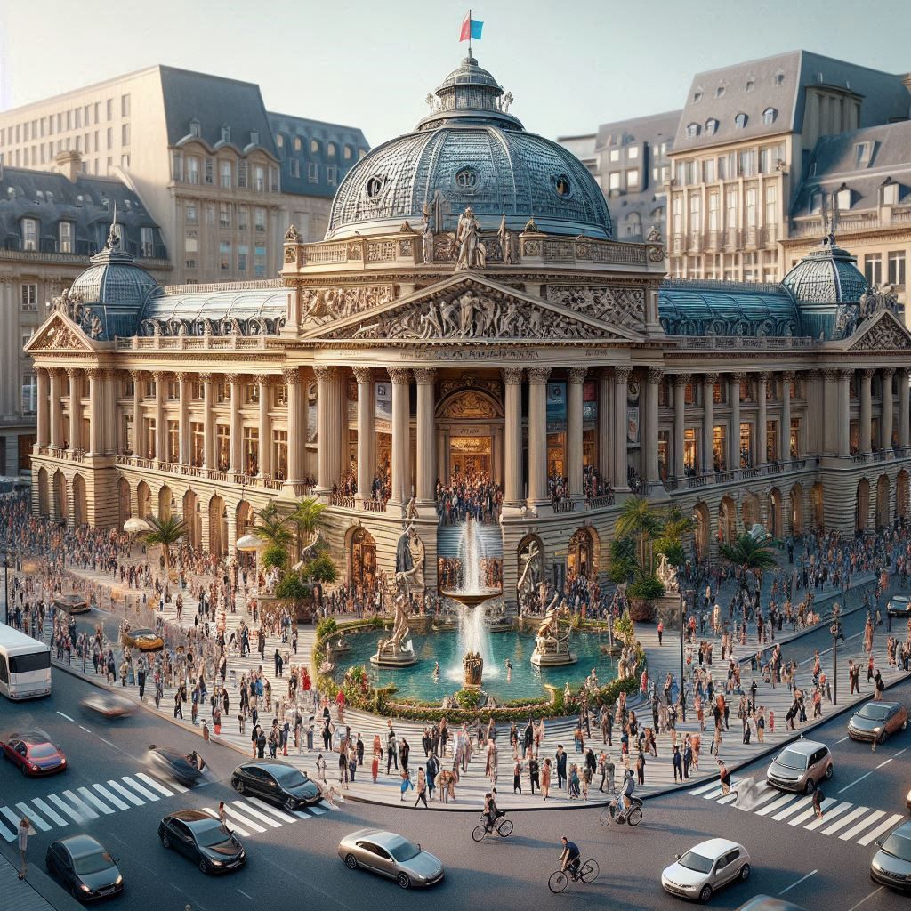 Une vue aérienne d'un grand bâtiment avec une fontaine devant lui dans une ville.