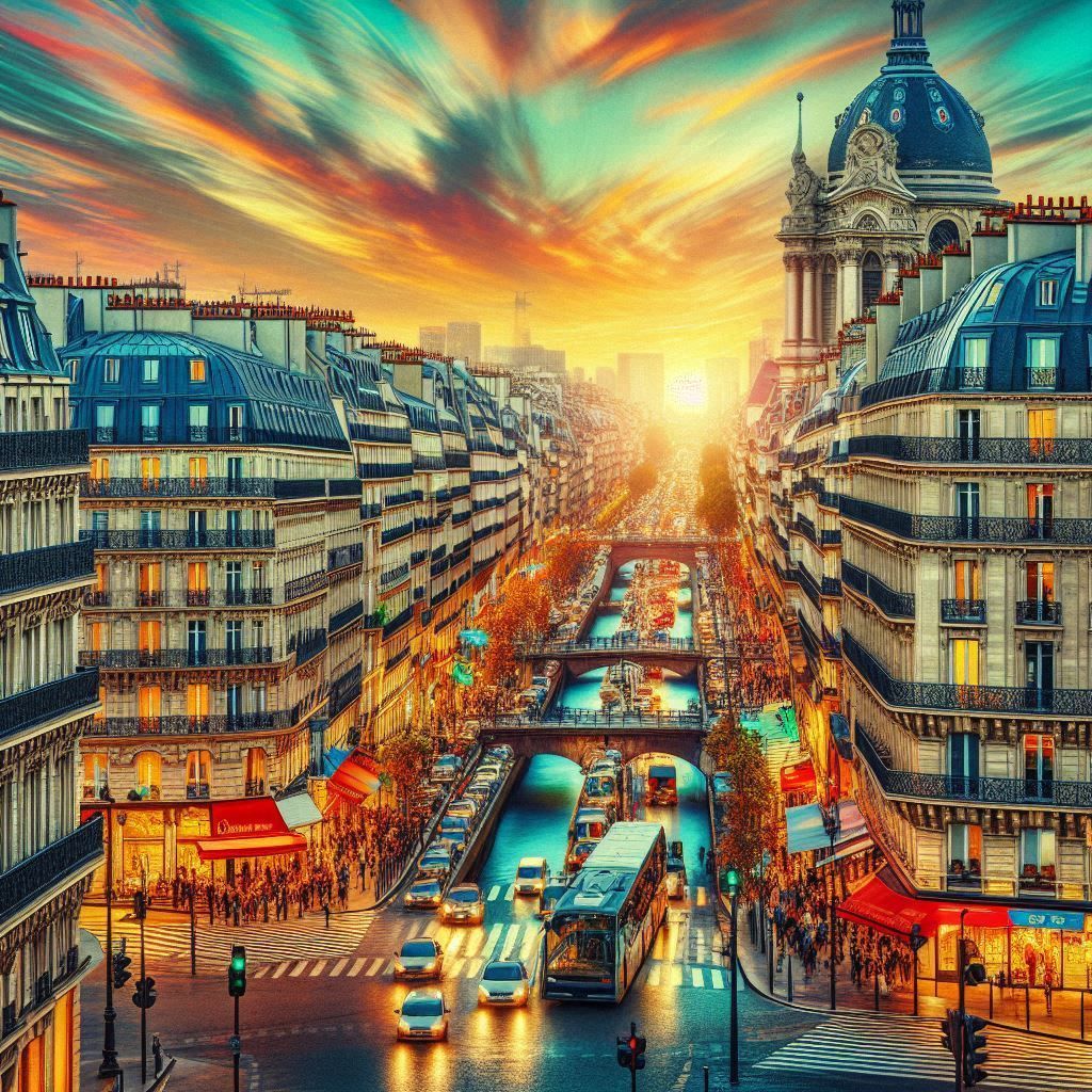 Une vue aérienne d'une rue animée de la ville au coucher du soleil.