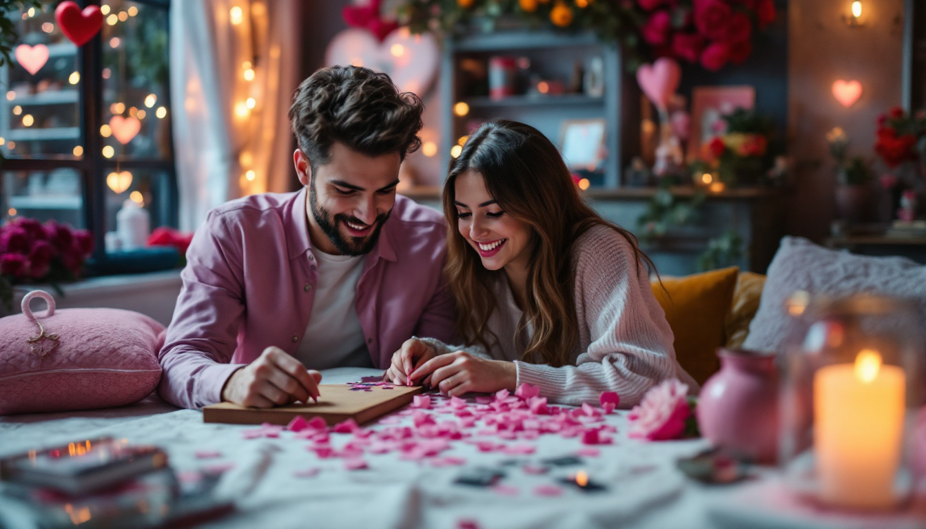 A man and a woman are sitting at a table with petals on it.