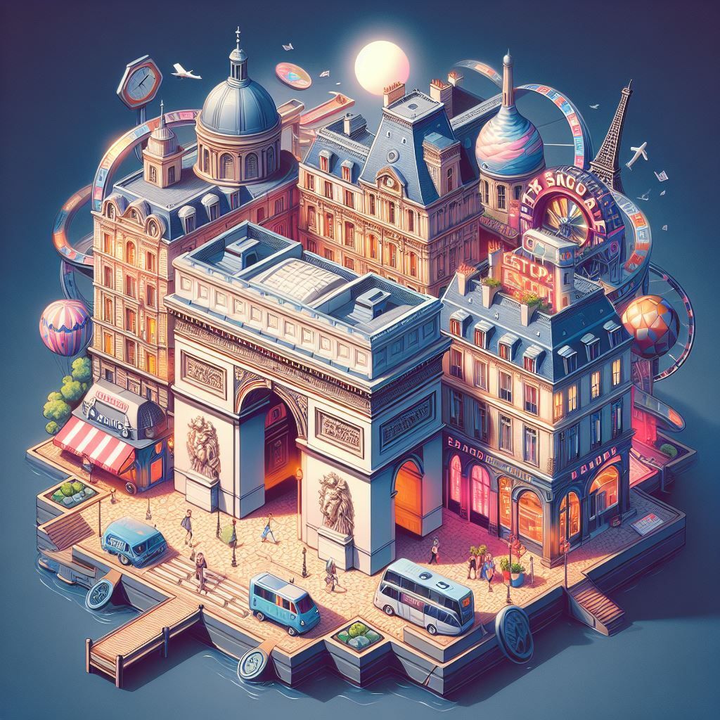 Une illustration isométrique d'une ville avec des bâtiments et un arc de triomphe.