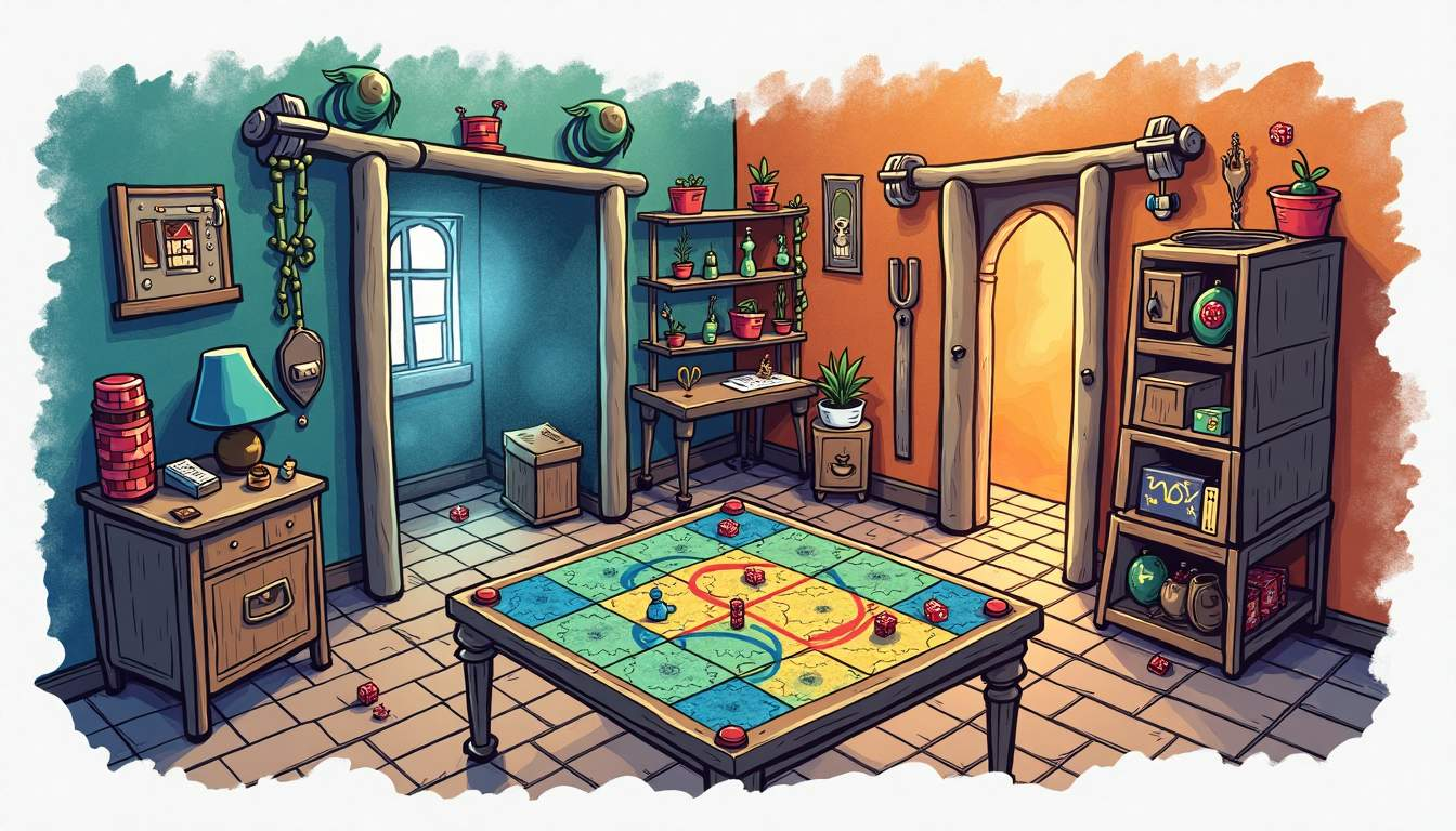 Un dessin d'un escape game avec une table et un tapis