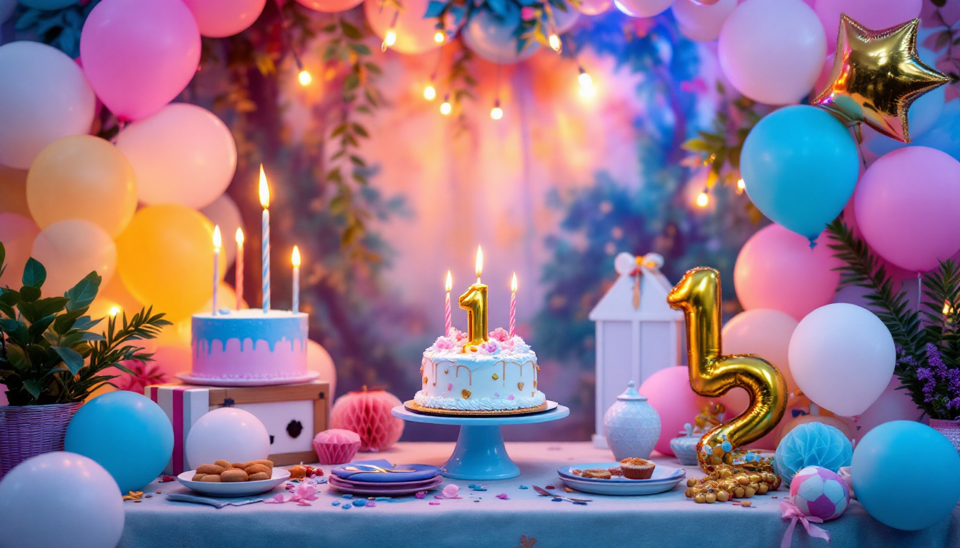 A table decorated for a birthday party with a cake , balloons , and lights.