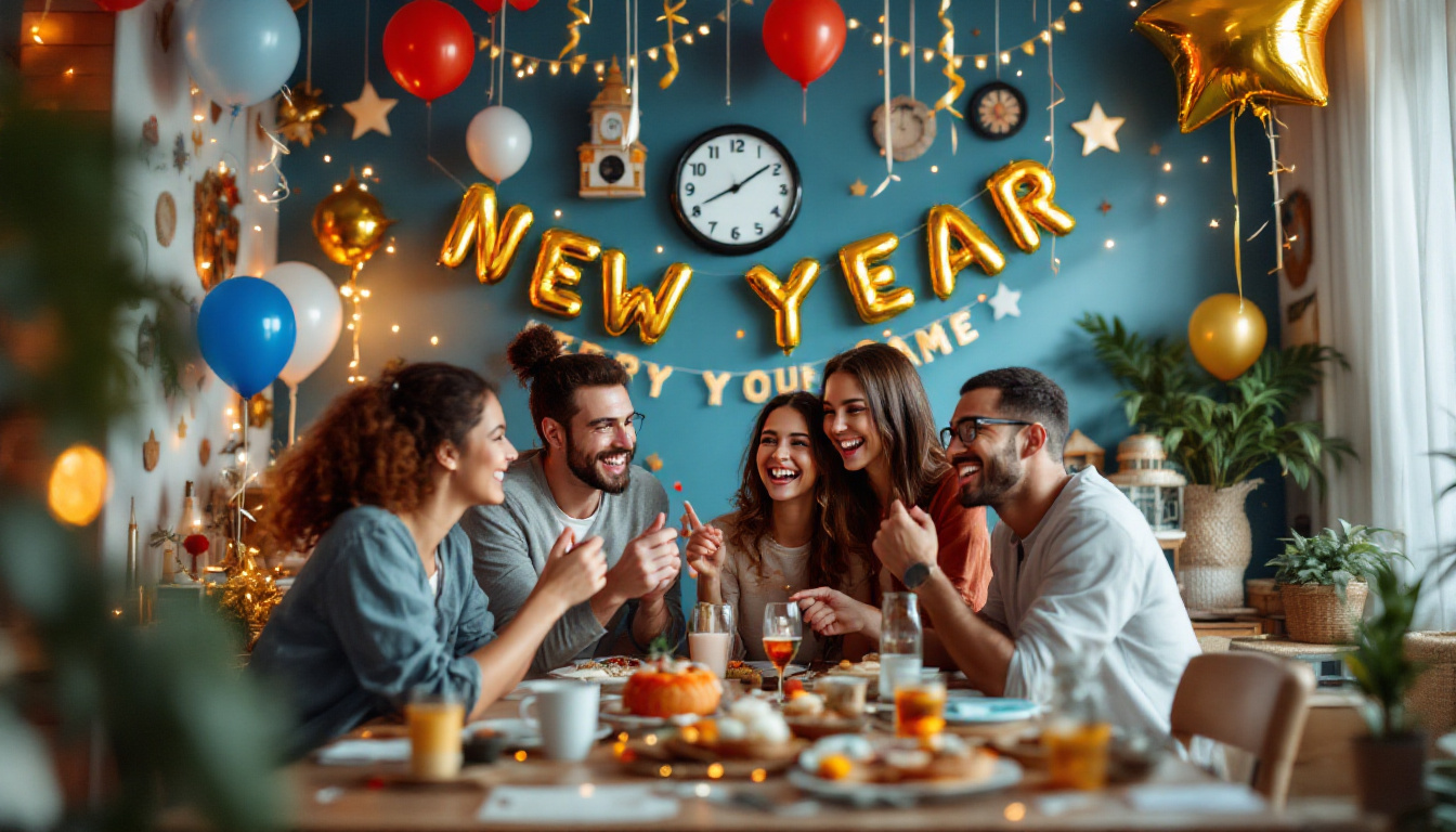 A group of people are sitting at a table celebrating the new year.