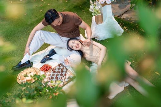 Couple sur une couverture de pique-nique : une femme allongée, un homme penché sur elle. Herbe verte, nourriture, fleurs.