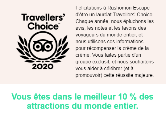 Rashomon Escape game dans le top 10% des attractions du monde entier