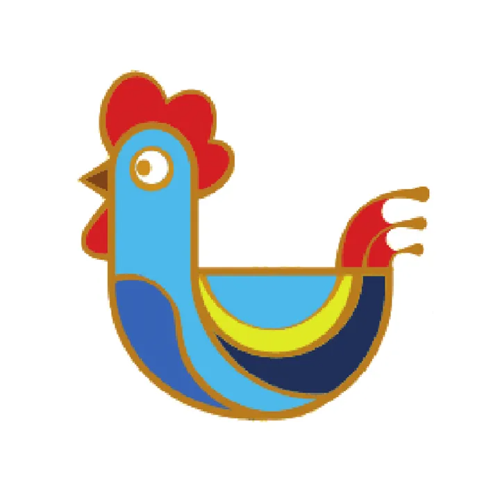 Illustrazione stilizzata di un gallo blu e rosso con contorni dorati.