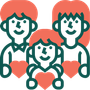A family is sitting next to each other holding hearts.