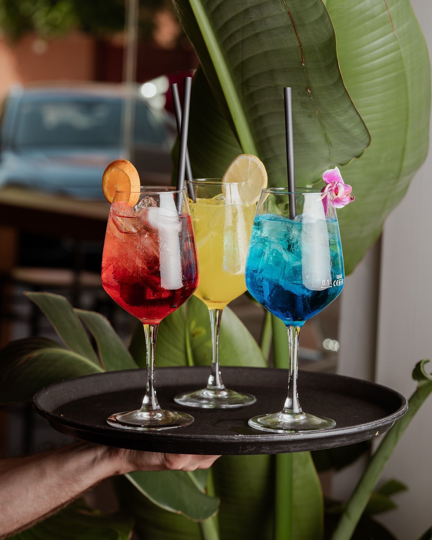 Tre cocktail colorati su un vassoio, serviti all'aperto vicino alle piante.