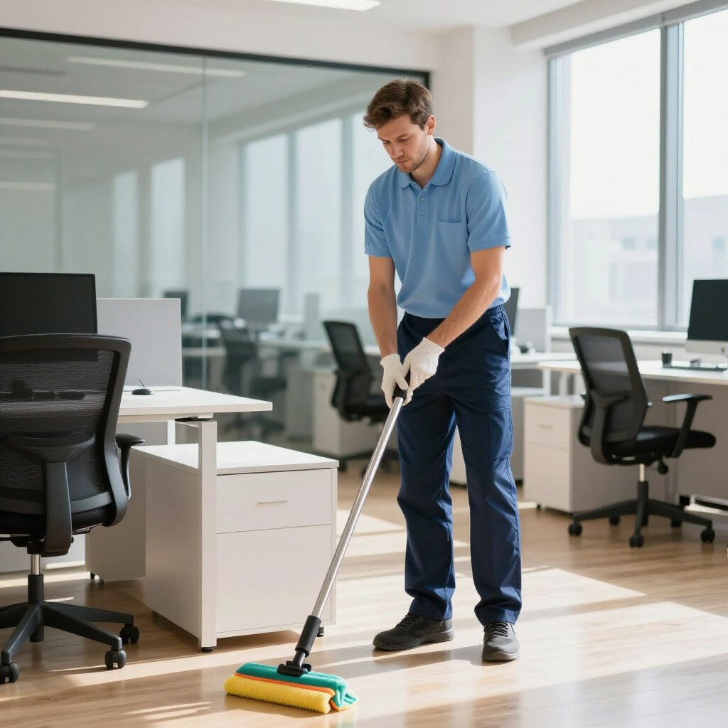 A worker in a light blue polo and dark pants mops a light-colored wooden floor in an office with desks and chairs.