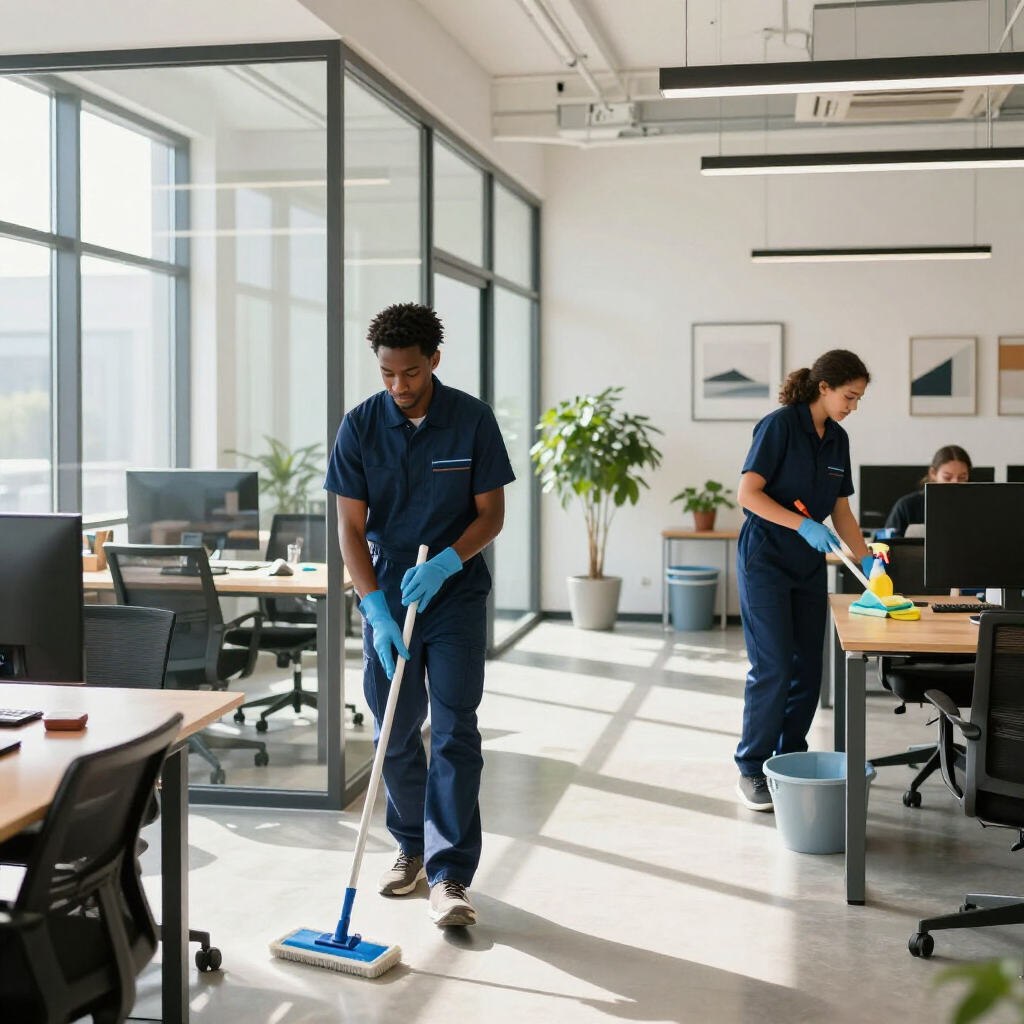 Two workers in blue uniforms clean a modern office, one mopping the floor while the other wipes down a desk.