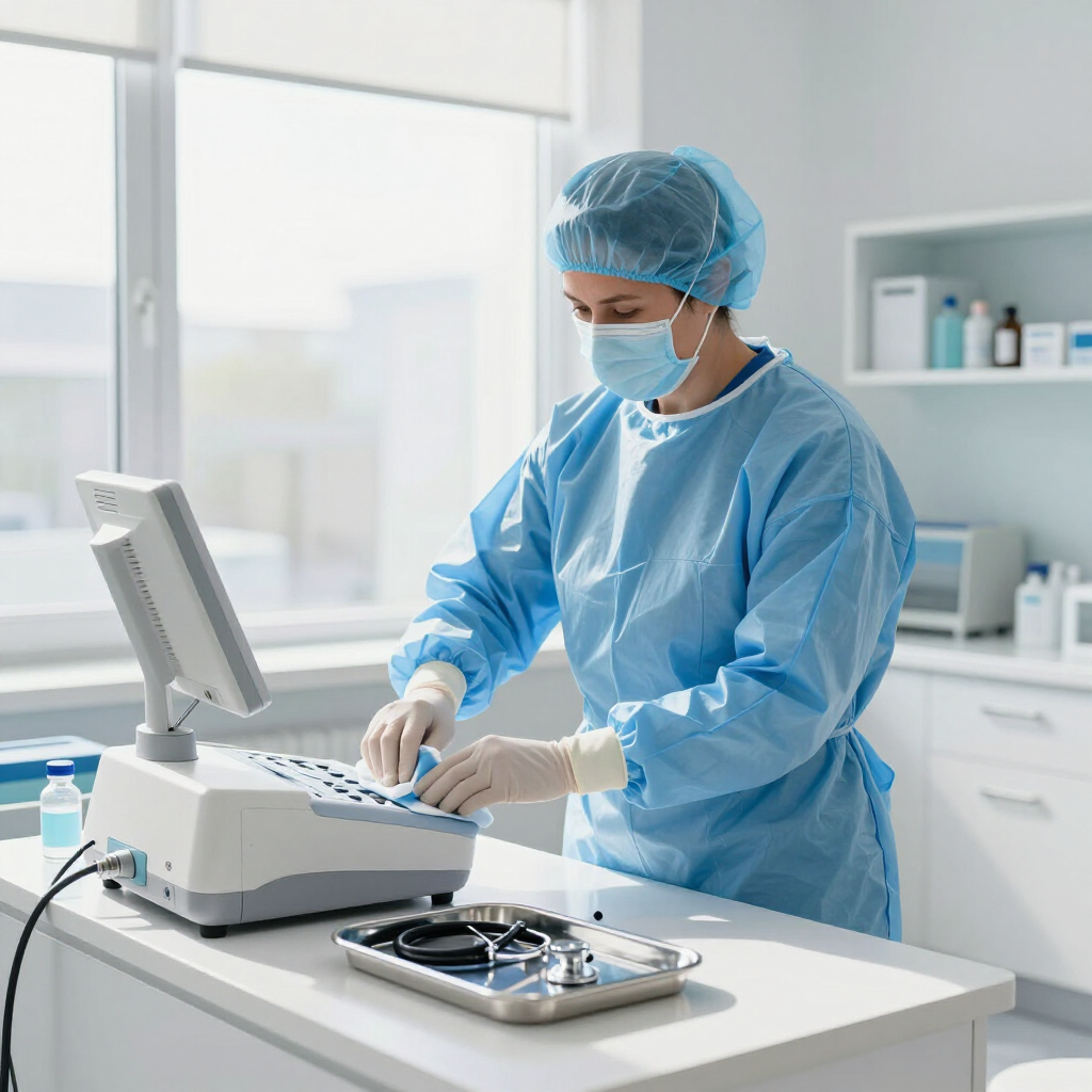 A medical professional in scrubs, a mask, and a hairnet operates a diagnostic machine in a clinic.