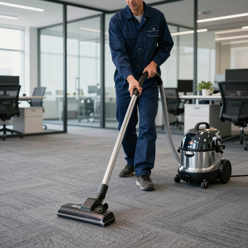 A person in a dark blue uniform vacuums a grey carpeted office space with a stainless steel commercial vacuum.