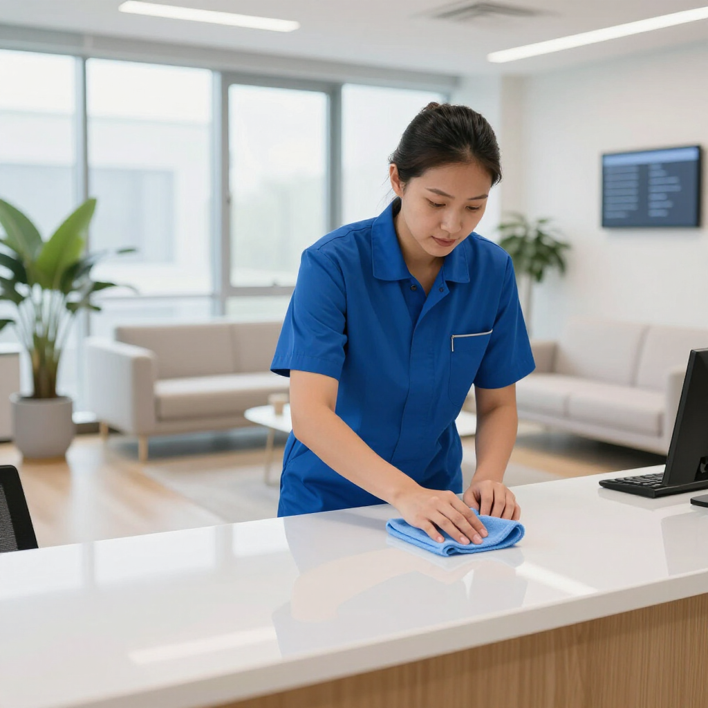 A person in a blue uniform cleans a white reception desk with a blue cloth in an office lobby.