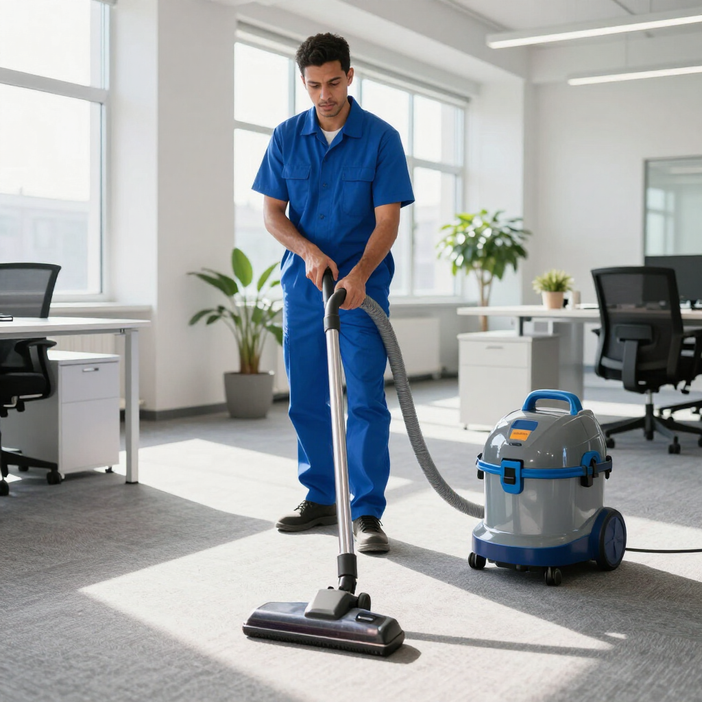 A professional cleaner in a blue uniform uses a gray industrial vacuum to clean the carpet in a bright, modern office.