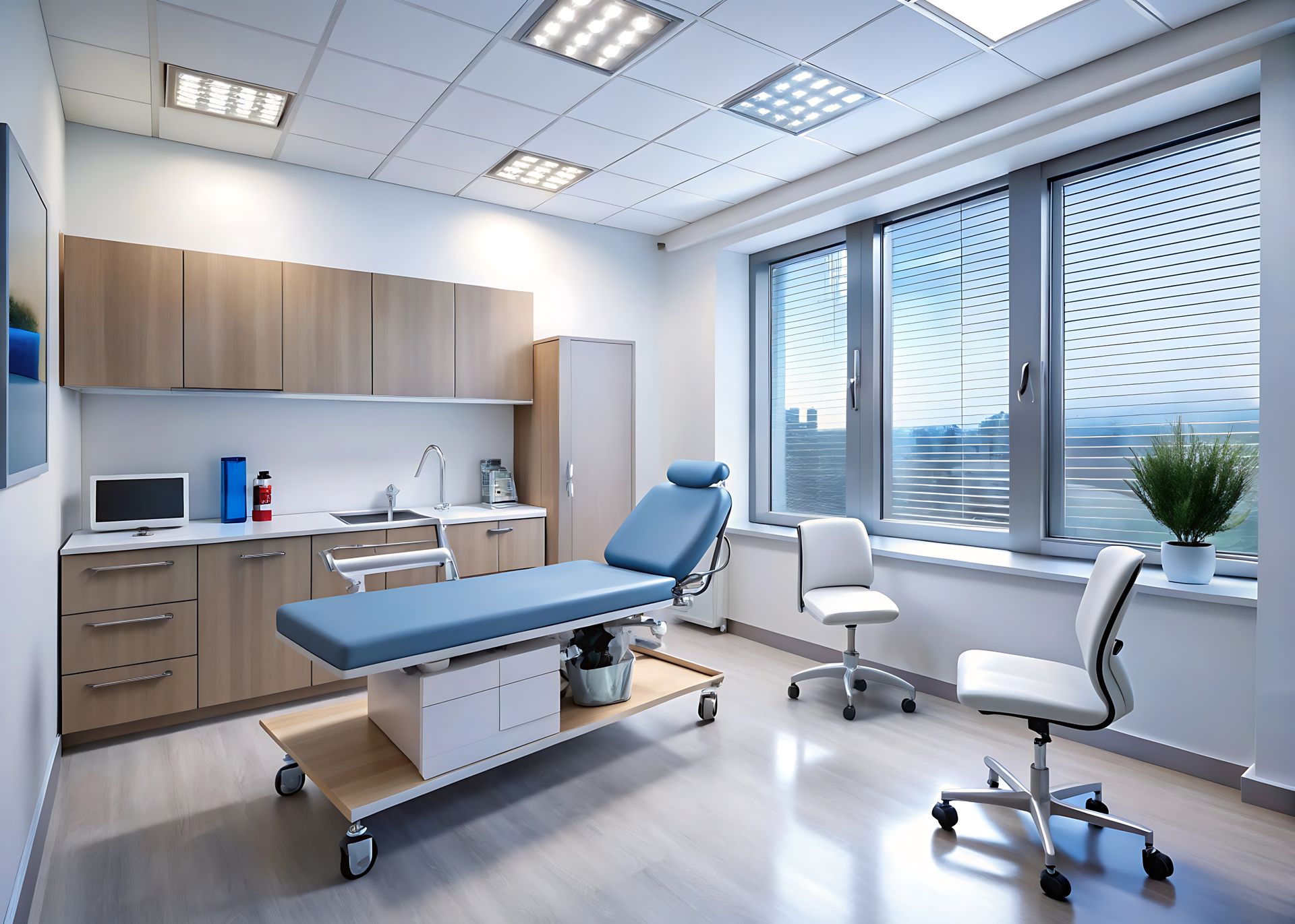 A modern, bright medical examination room featuring a blue exam table, cabinets, two chairs, and large windows.