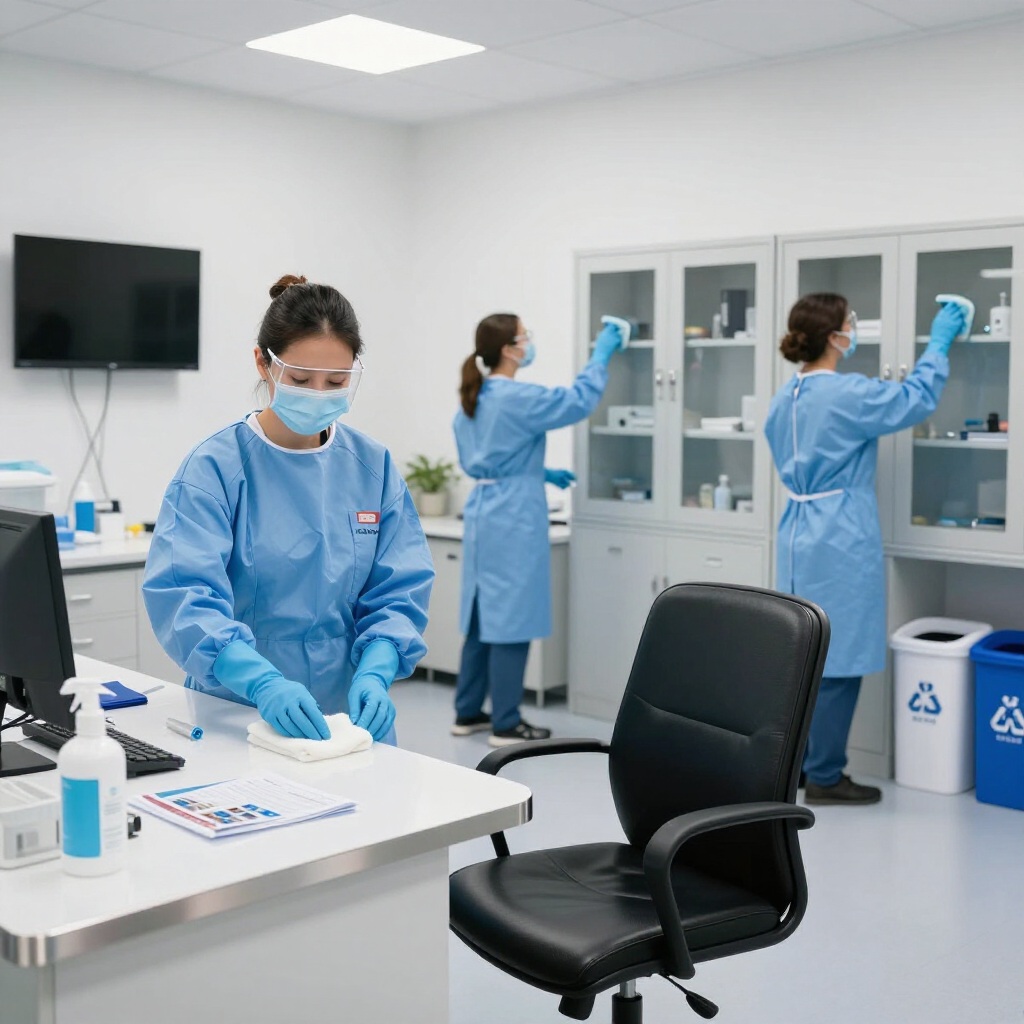Three scientists in blue gowns, masks, and gloves working in a sterile, bright laboratory with cabinets and equipment.