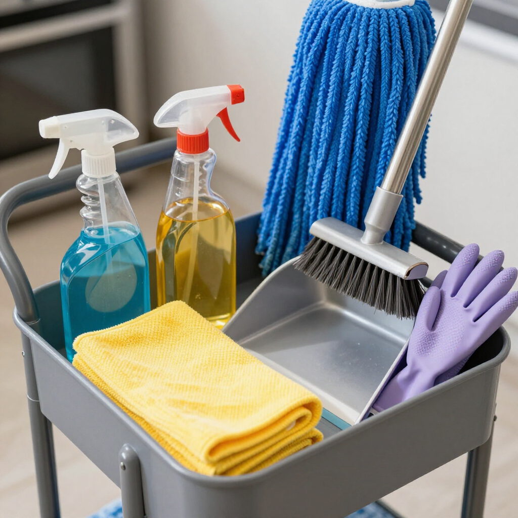 A grey utility cart holds two spray bottles, a yellow cloth, a blue mop, a dustpan with a broom, and a purple glove.