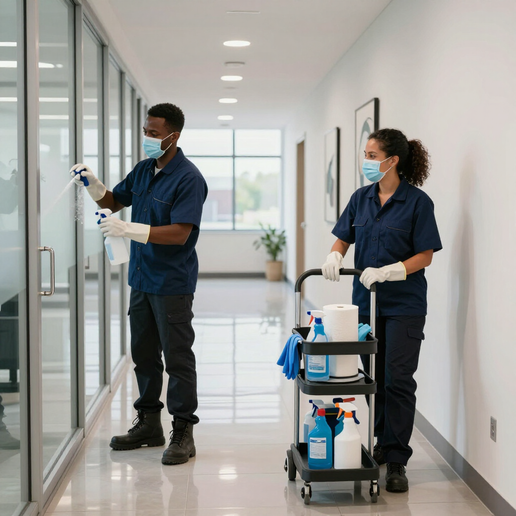 Two custodial workers in uniforms and masks clean the glass walls of an office corridor with a supply cart nearby.
