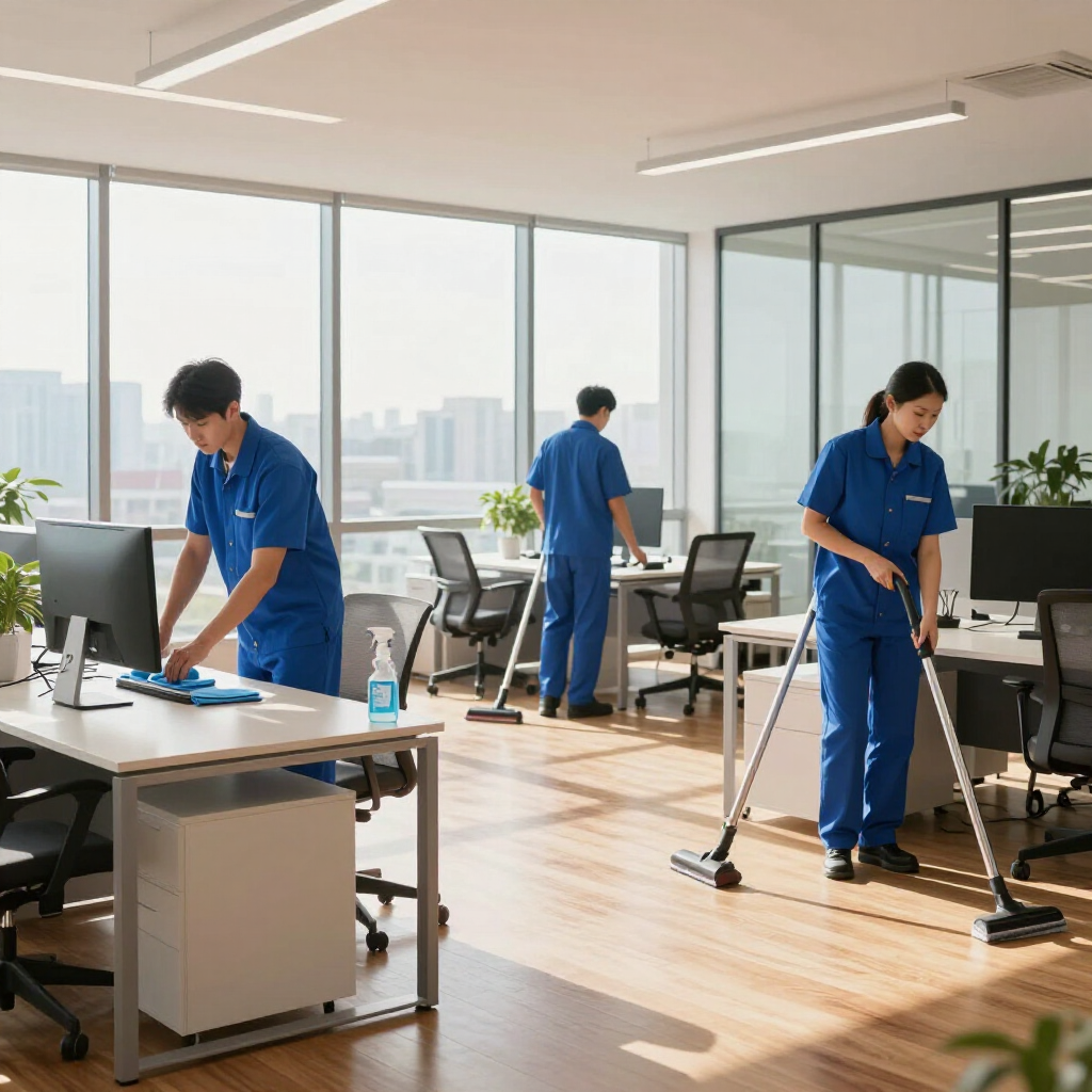 Three custodial staff in blue uniforms cleaning a modern, sunlit office with computers and desks.