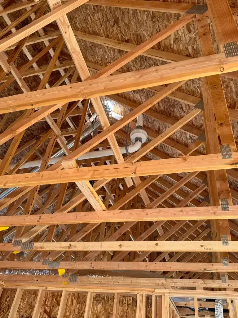 Wooden roof trusses and exposed rafters inside an unfinished attic, with a hanging light fixture.
