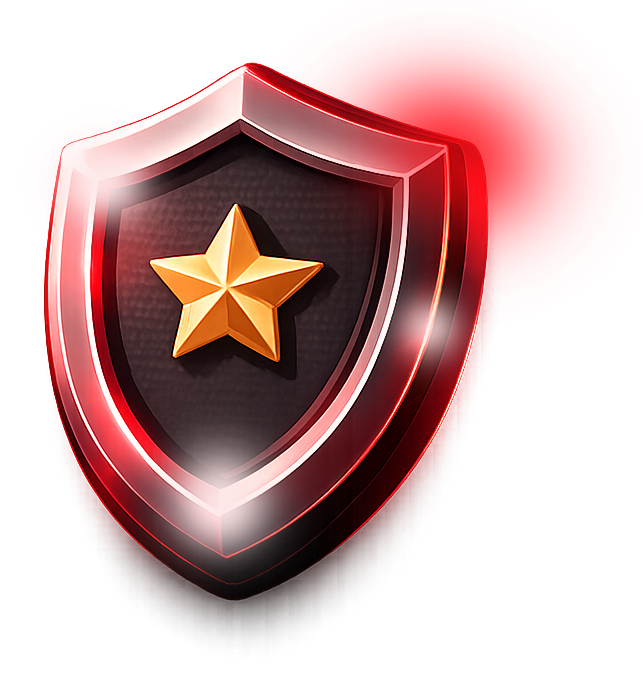 Red shield emblem with a gold star in the center and a glowing red highlight