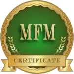 Gold and green MFM certificate seal with ribbon banner