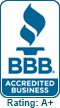 BBB Accredited Business logo with torch icon and “Rating: A+” text in blue and black.