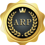 Gold seal logo with laurel wreath, crown, and the letters “ARP” on a black circle.