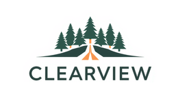 Logo featuring dark green pine trees behind a road leading into the distance, with the word "CLEARVIEW" below.