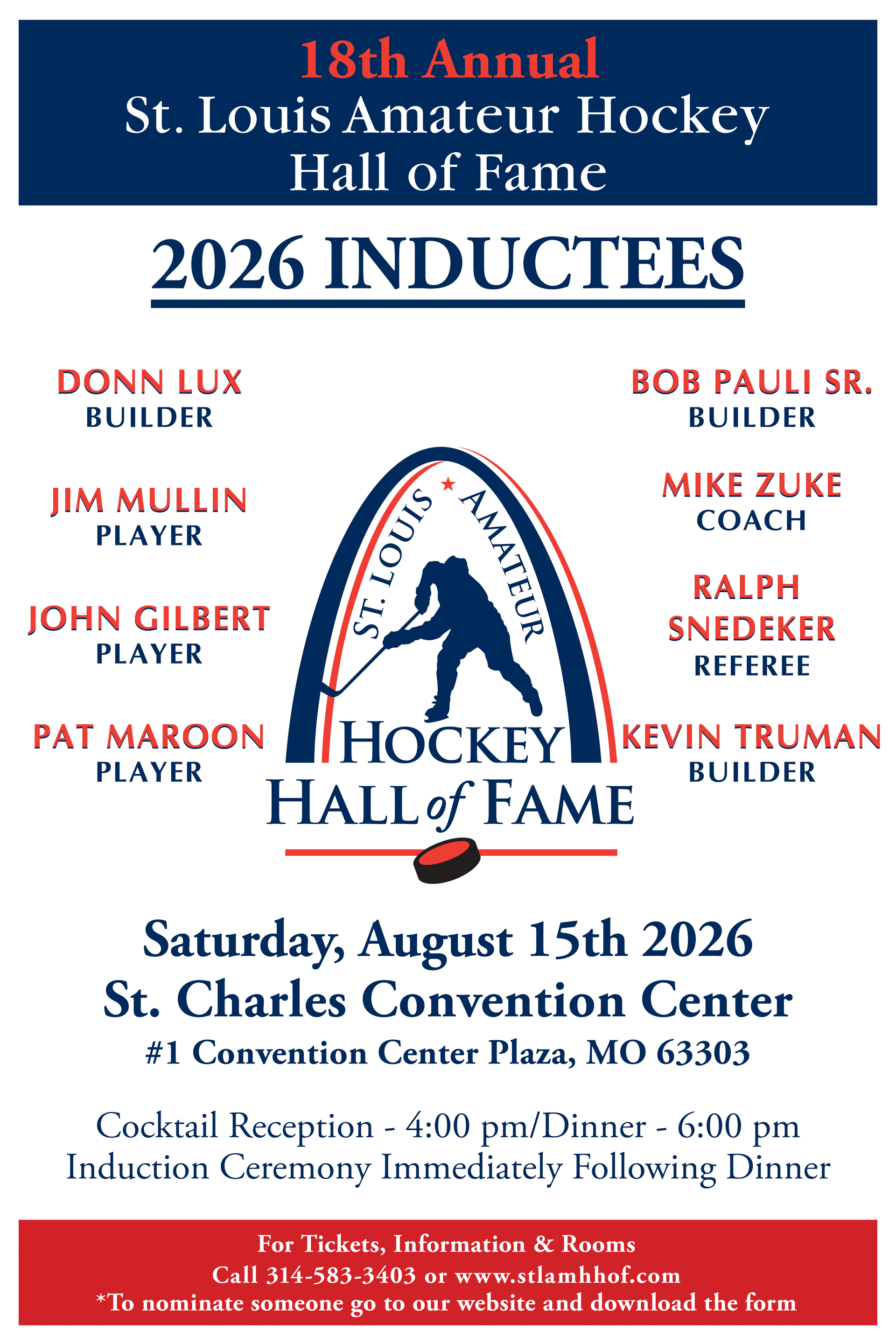 Poster for the St. Louis Amateur Hockey Hall of Fame, with inductees listed.