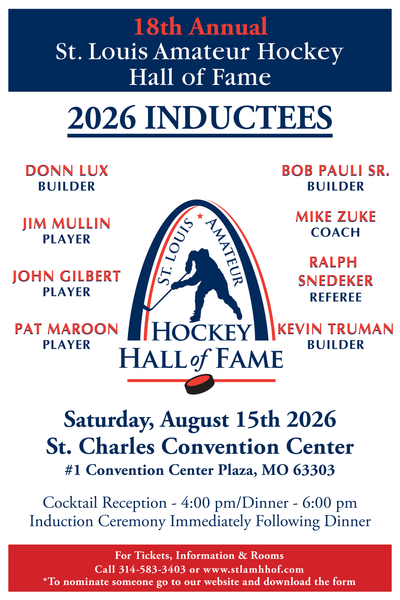 Poster for the St. Louis Amateur Hockey Hall of Fame, with inductees listed.