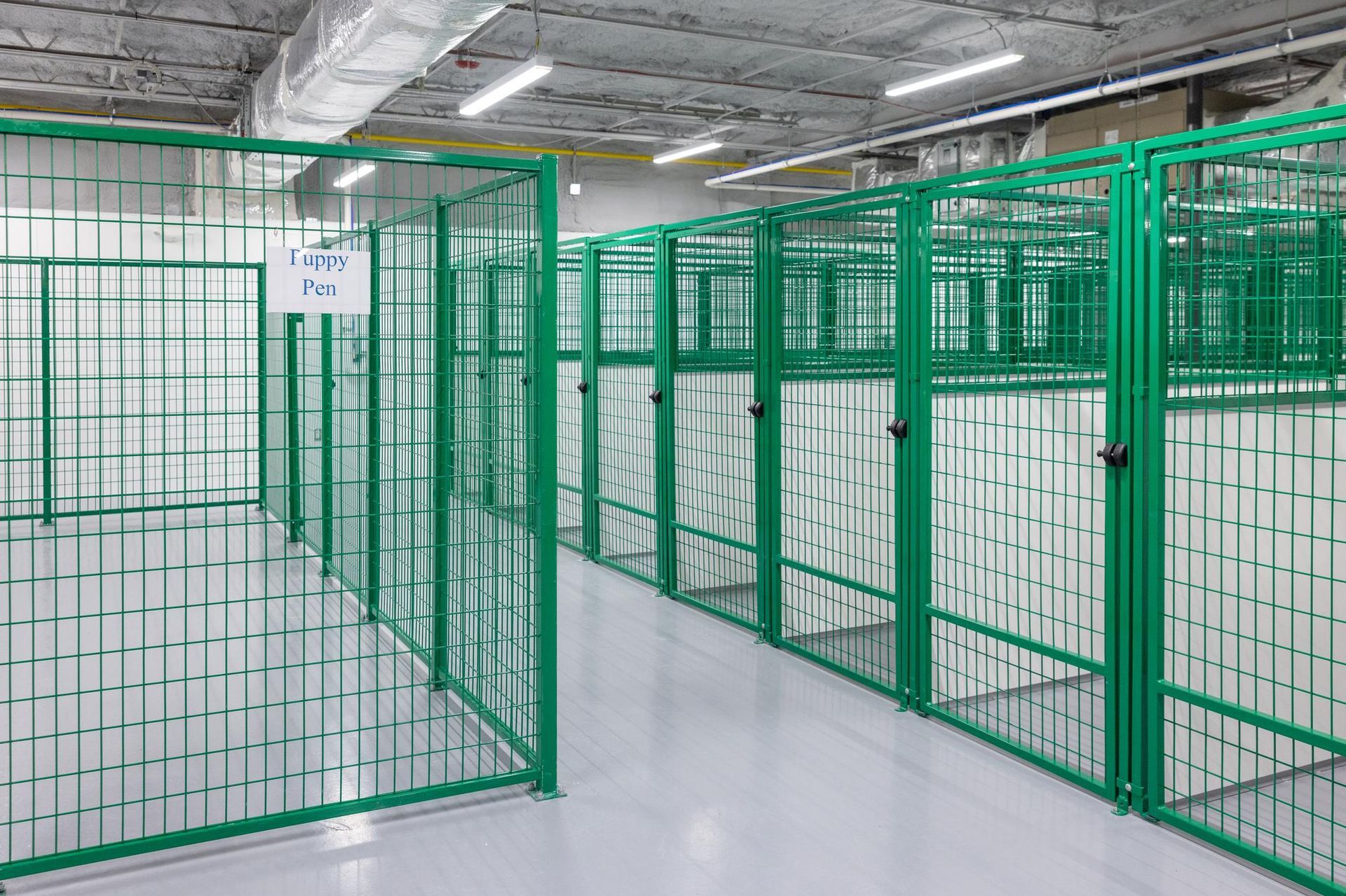 Green metal storage units in a brightly lit facility.