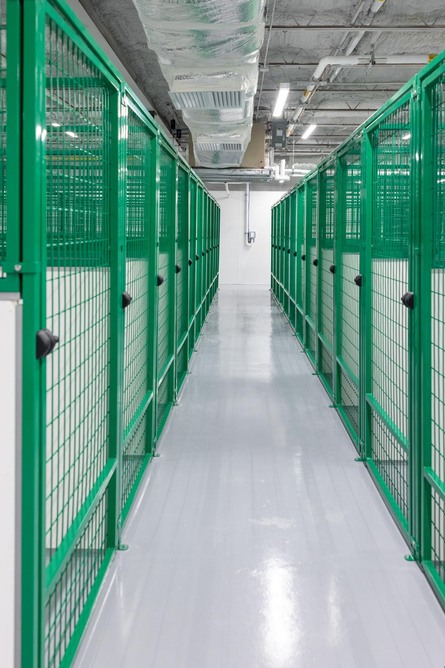 Green metal storage lockers line a hallway with a white floor and ceiling.