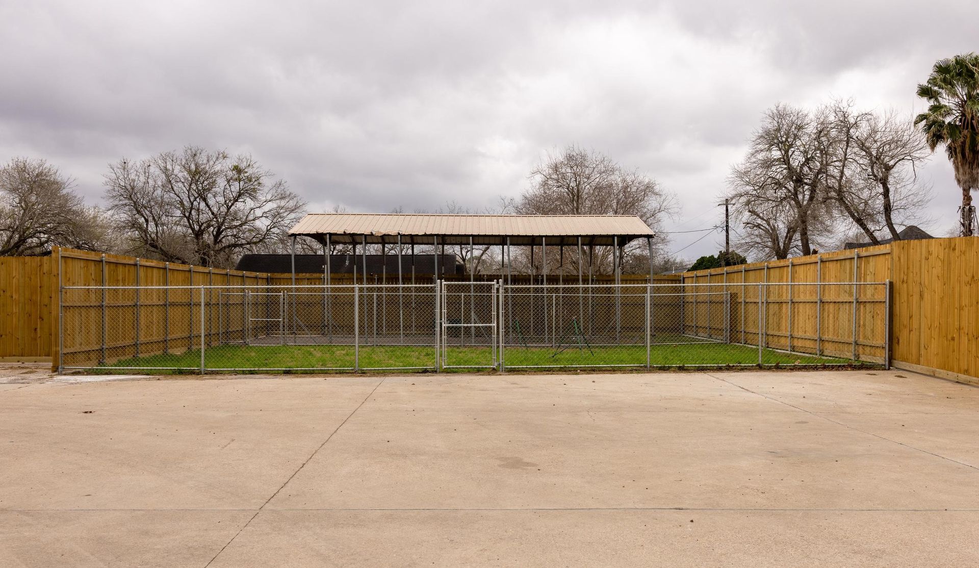 Concrete area in front of a fenced enclosure with metal roof, enclosed by wooden and chain-link fences, and bare trees.