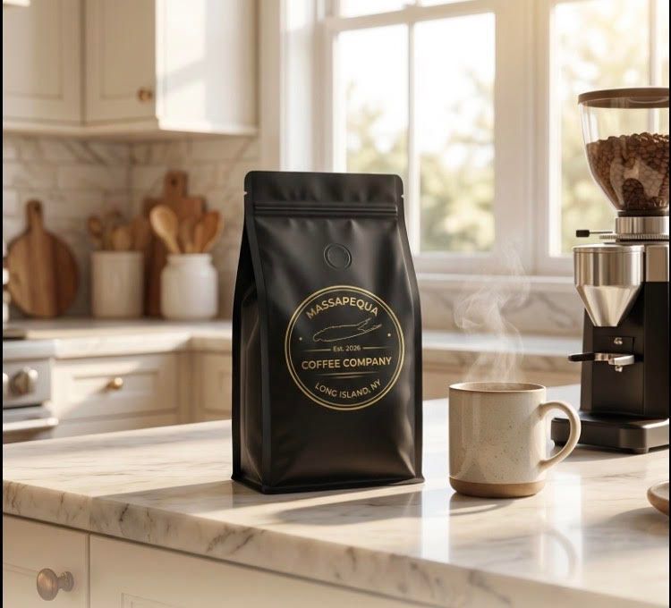 Black coffee bag on kitchen counter beside mug and grinder in a bright sunlit kitchen