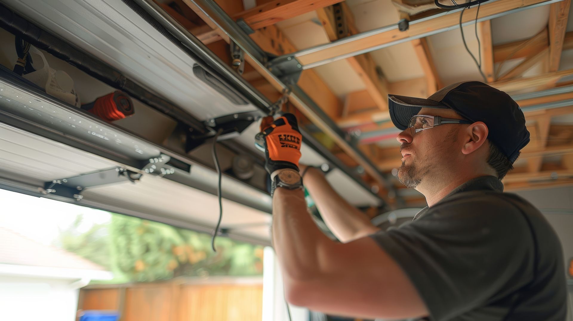 Skilled worker fixing a residential overhead track for an essential garage door repair.