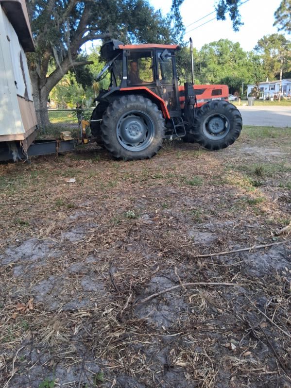 Orange tractor parked beside a tree in a grassy, dirt-covered yard