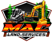 A logo for Mac Land Services featuring a skid steer and excavator in front of pine trees, with bold orange lettering.