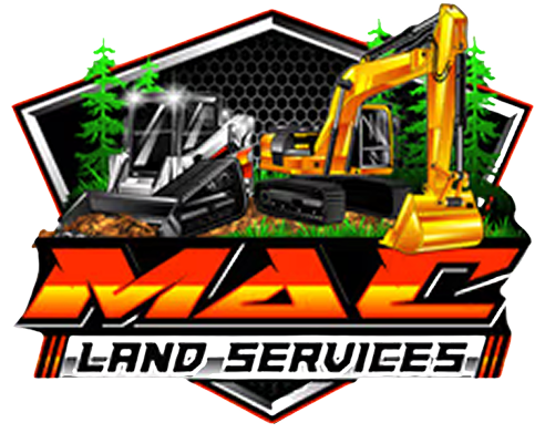 A logo for Mac Land Services featuring a skid steer and excavator in front of pine trees, with bold orange lettering.
